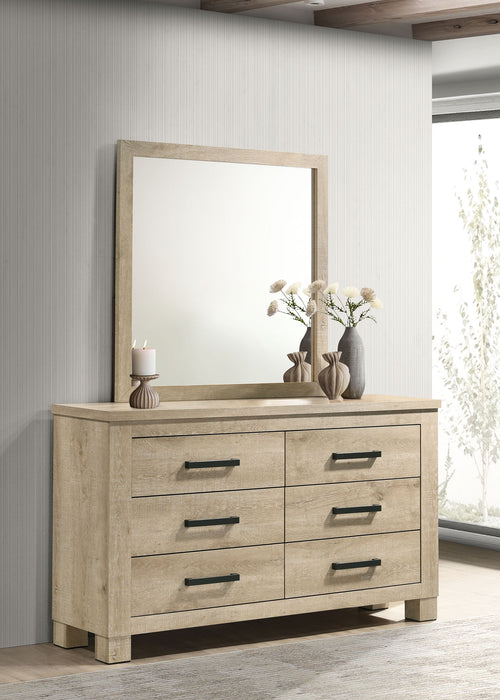Weathered oak Oakglen 6-drawer bedroom dresser with matching mirror, crafted by CoasterEveryday furniture.