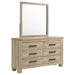 Weathered oak Oakglen 6-drawer bedroom dresser with matching mirror, showcasing sleek furniture design and natural wood finish.