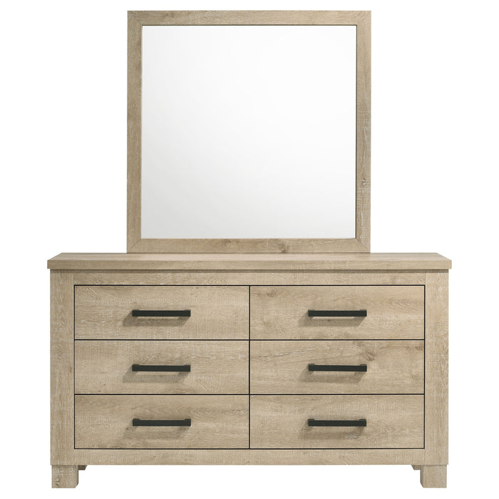 Weathered oak Oakglen 6-drawer bedroom dresser with mirror, modern furniture by CoasterEveryday showing the dresser and mirror setup.