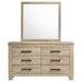 Weathered oak Oakglen 6-drawer bedroom dresser with mirror, modern furniture by CoasterEveryday showing the dresser and mirror setup.