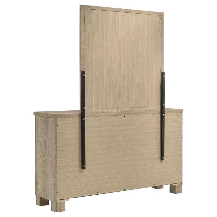 Weathered oak Oakglen 6-drawer bedroom dresser with matching mirror, made of wood furniture by CoasterEveryday.