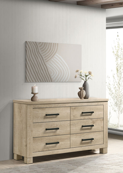 Weathered oak Oakglen 6-drawer bedroom dresser with sleek metal handles, showcasing modern furniture design.