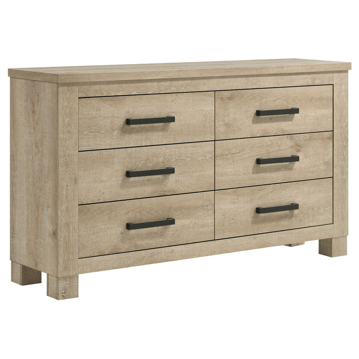 Weathered oak Oakglen 6-drawer bedroom dresser with sleek metal handles, showcasing a stylish and functional furniture piece.
