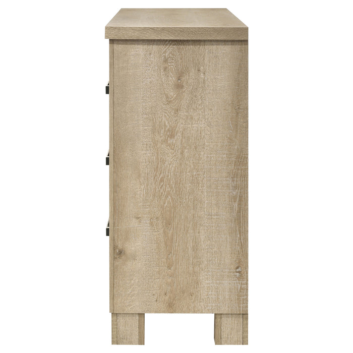 Weathered oak Oakglen 6-drawer bedroom dresser with sleek design and metal handles, made of durable wood.