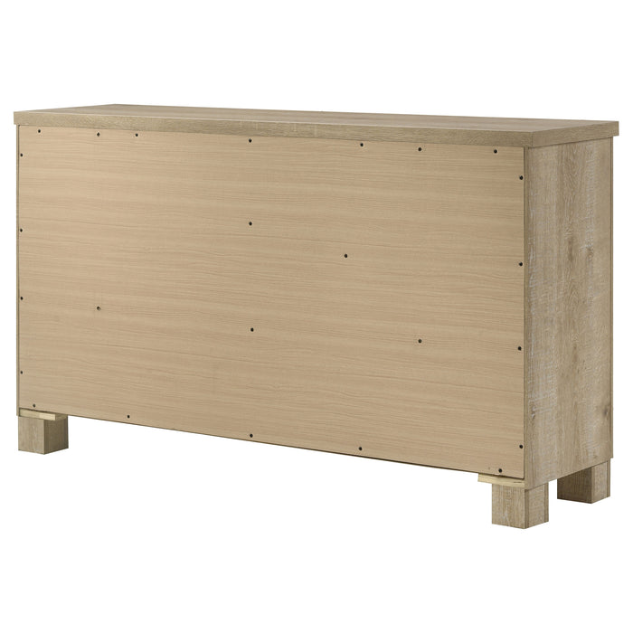 Weathered oak Oakglen 6-drawer bedroom dresser with sleek drawer pulls, showcasing its furniture design and wood finish.