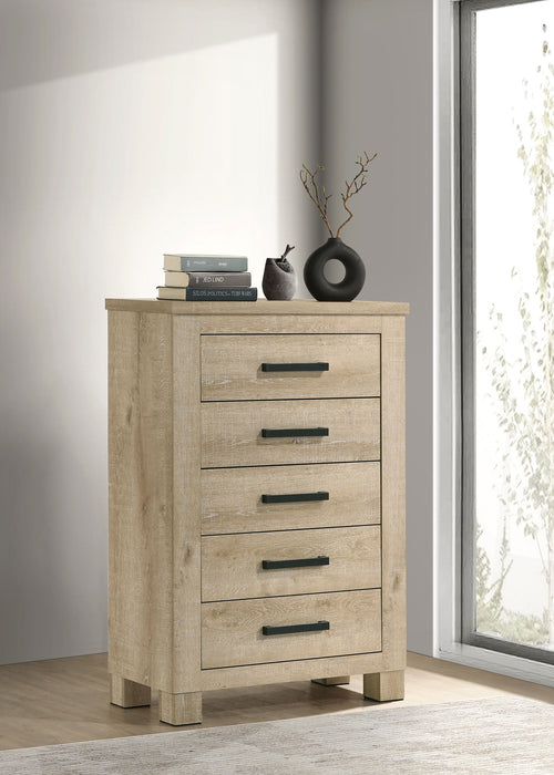 Weathered oak bedroom chest of drawers with five drawers, made by CoasterEveryday, showcasing a stylish and functional furniture piece.