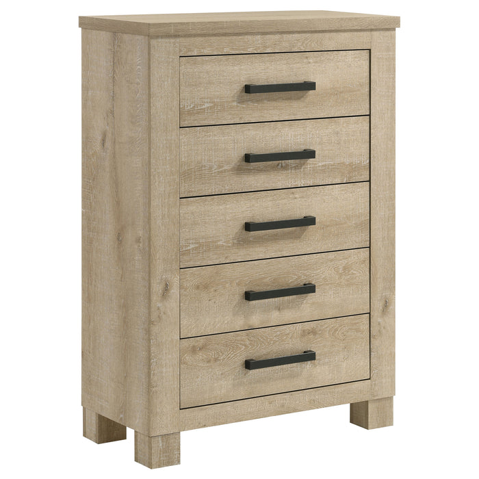 Weathered oak bedroom chest of drawers with five spacious drawers from CoasterEveryday Oakglen furniture collection.