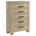 Weathered oak bedroom chest of drawers with five spacious drawers from CoasterEveryday Oakglen furniture collection.