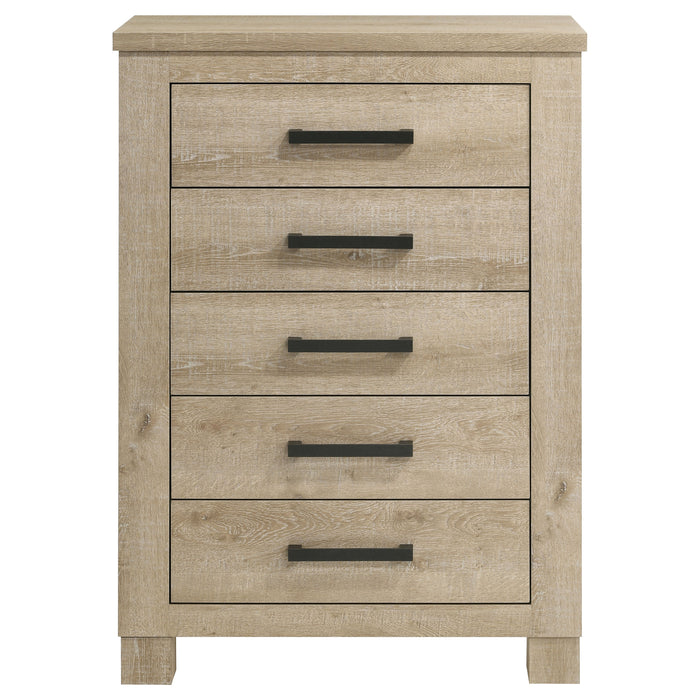Weathered oak Oakglen 5-drawer bedroom chest of drawers from CoasterEveryday, showcasing its wood grain and sleek design.