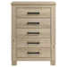 Weathered oak Oakglen 5-drawer bedroom chest of drawers from CoasterEveryday, showcasing its wood grain and sleek design.