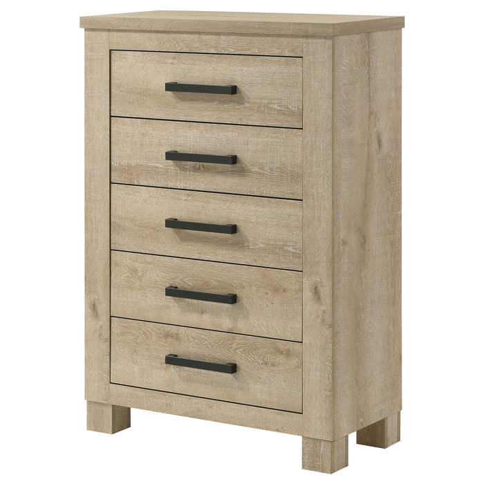 Weathered oak 5-drawer bedroom chest of drawers by CoasterEveryday, showcasing a sturdy wooden furniture piece with a rustic finish.