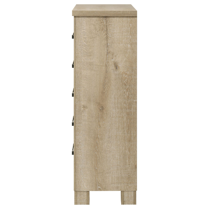 Weathered oak 5-drawer bedroom chest of drawers by CoasterEveryday, showcasing a sturdy wooden furniture piece with metal handles.