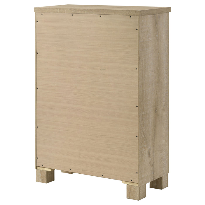 Weathered oak Oakglen 5-drawer bedroom chest of drawers by CoasterEveryday, showing the sturdy furniture with five spacious drawers.