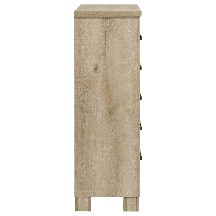 Weathered oak Oakglen 5-drawer bedroom chest of drawers by CoasterEveryday, showcasing a rustic furniture piece with metal handles.