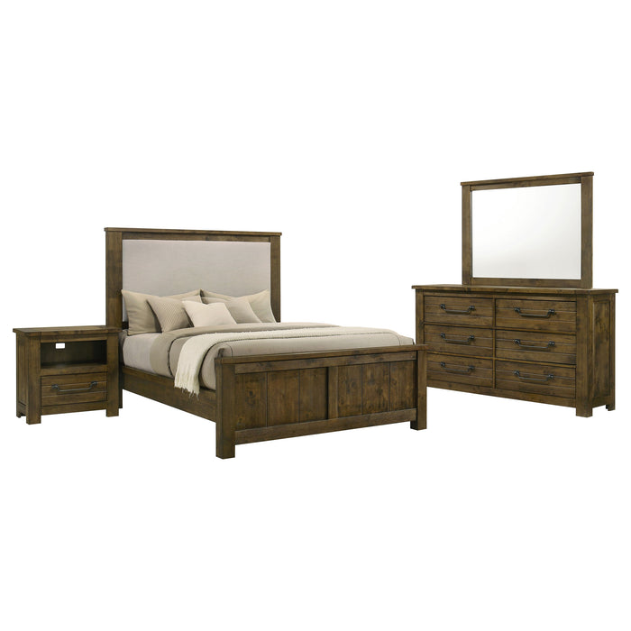 Rustic brown Doherty 4-piece California King bedroom set by CoasterEveryday, showing the bed frame and matching furniture pieces in a bedroom setting.