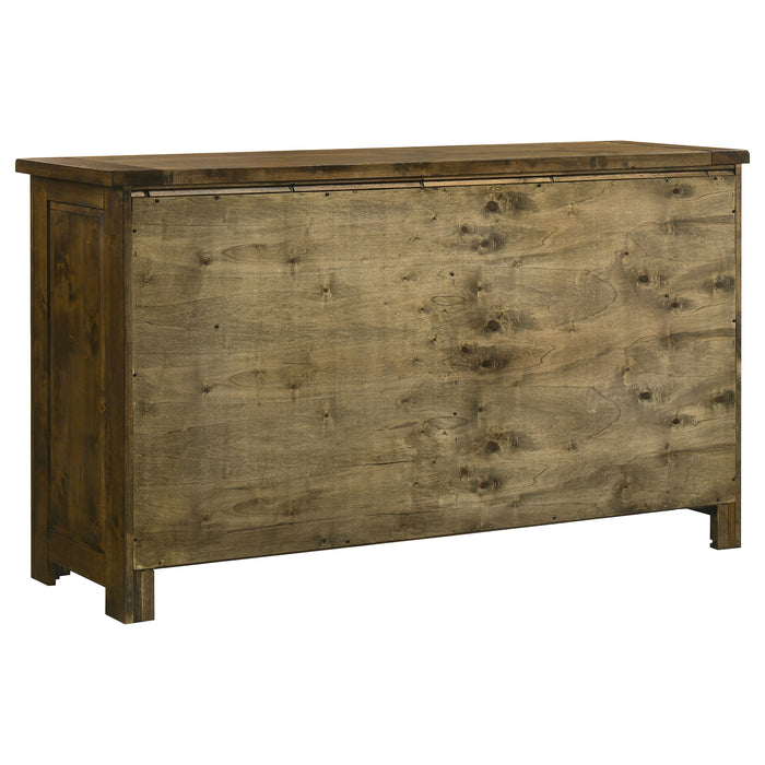Rustic brown Doherty 4-piece California King bedroom furniture set by CoasterEveryday, including bed frame, nightstands, and dresser.