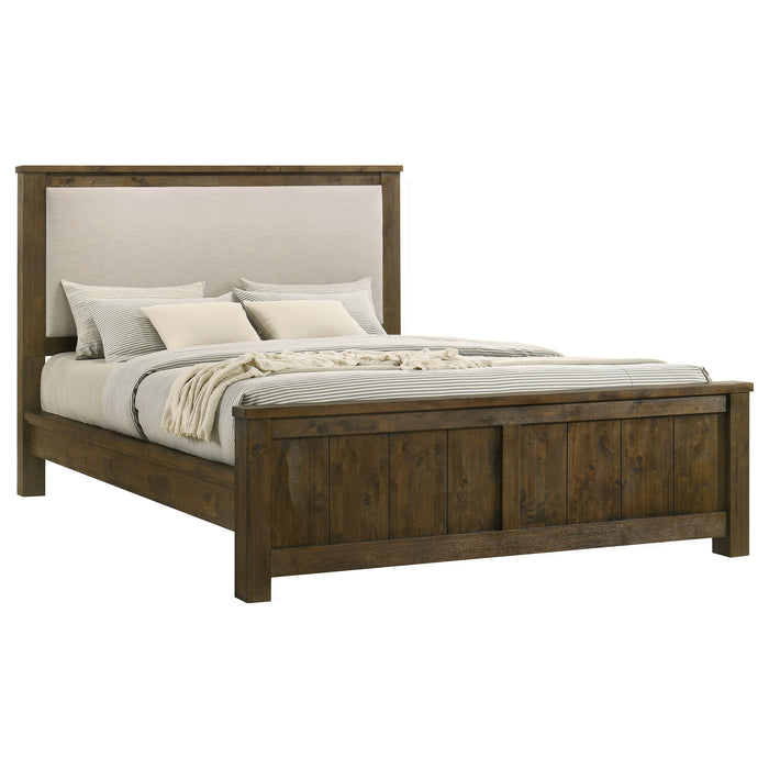 Rustic brown California King linen panel bed by CoasterEveryday with a sturdy wooden frame and elegant headboard.