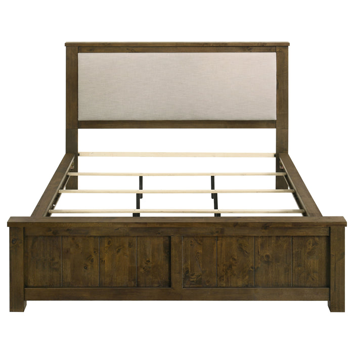 Rustic brown California King linen panel bed with clean lines and wooden frame, featuring a cozy, natural wood finish.