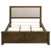 Rustic brown California King linen panel bed with clean lines and wooden frame, featuring a cozy, natural wood finish.