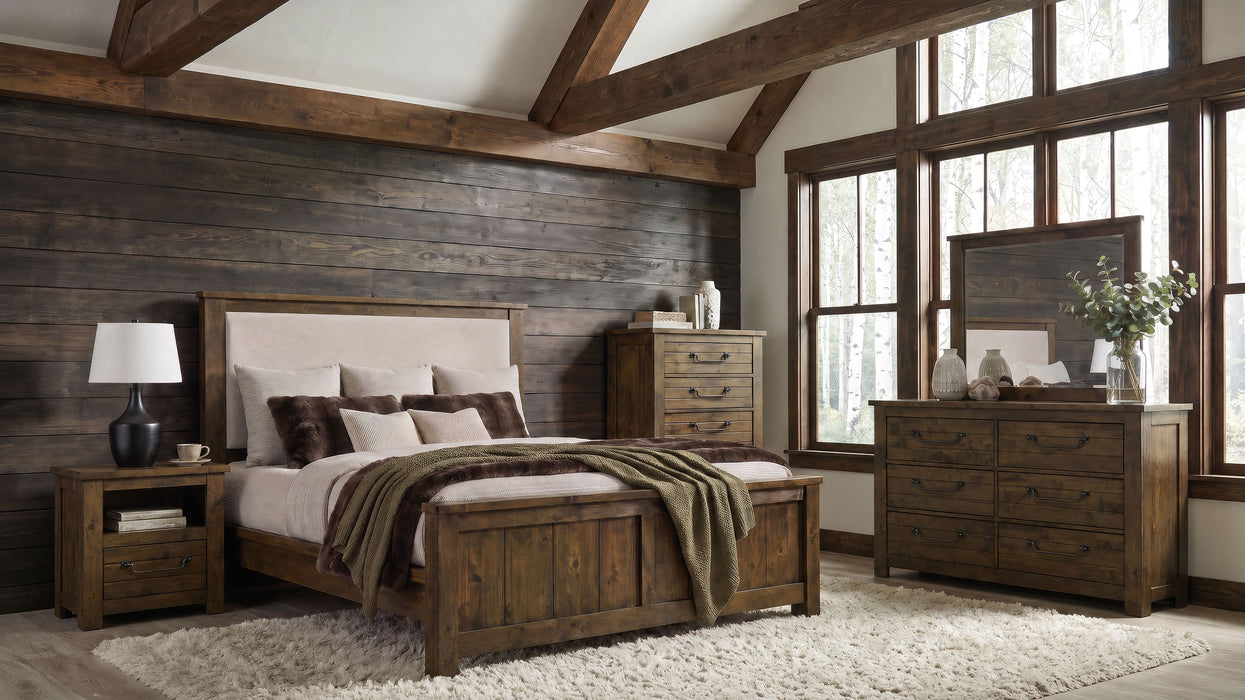 Doherty Queen Upholstered Panel Bed Rustic Brown