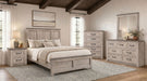 Nevado 5-piece queen panel bedroom set by CoasterEveryday featuring grey and weathered taupe finish, includes bed frame and storage units.