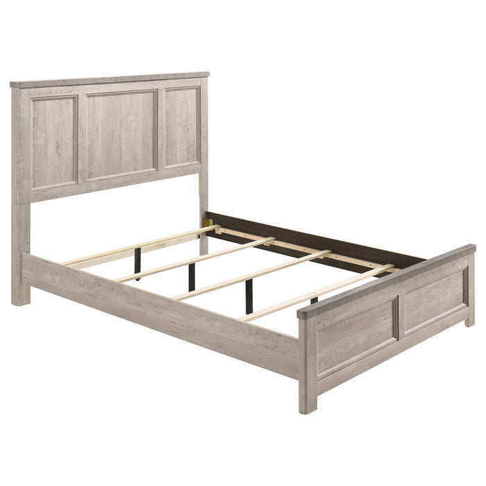 Nevado 5-piece queen panel bedroom set in grey and weathered taupe, featuring a bed frame, nightstands, and dresser.
