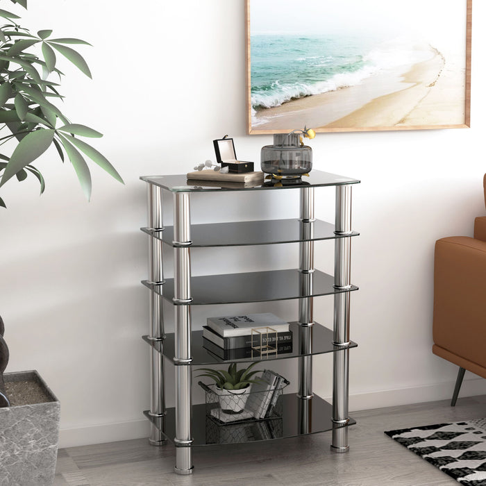 Giga 5-tier black tempered glass side table with stainless steel frame, ideal for living room or bedroom use