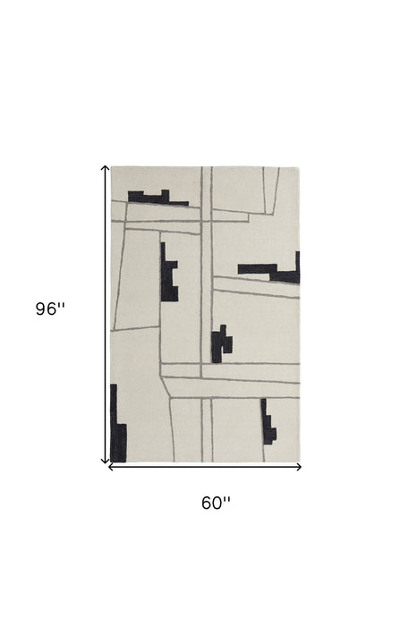 5' x 8' Wool Abstract Hand Tufted Area Rug - Ivory And Gray
