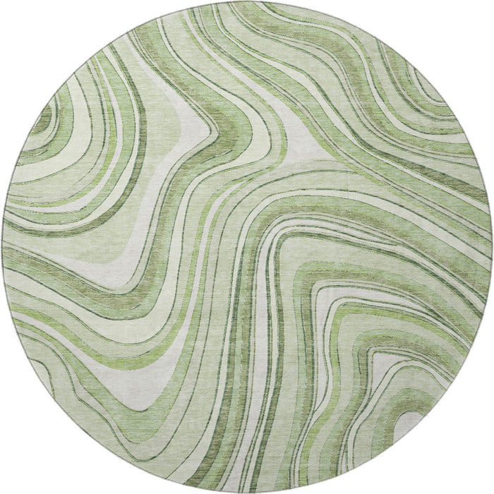 8' Marble Washable Round Rug With UV Protection - Artichoke Green And Ivory