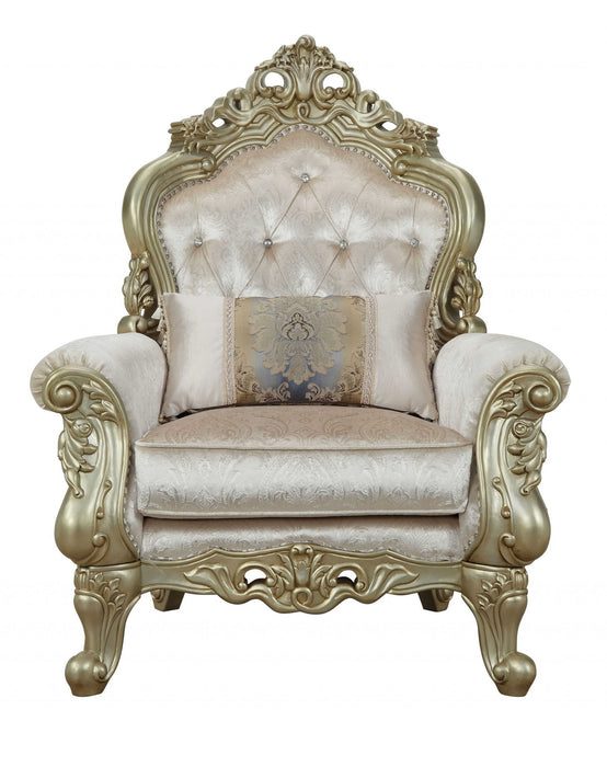 Fabric Damask Tufted Arm Chair And Toss Pillow - Cream And Antiqued White