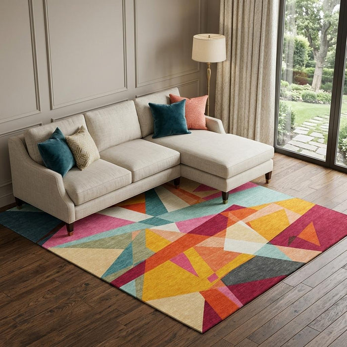 10' X 14' Geometric Washable Area Rug With UV Protection (694755) - Orange / Red / Blue / Gold
