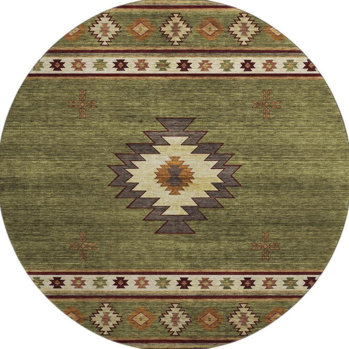8' Southwest Geometric Washable Round Rug With UV Protection - Green