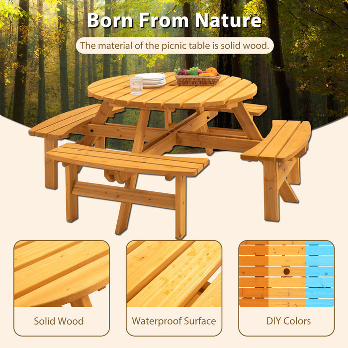 Giga 8-person wooden picnic table with four built-in benches, outdoor garden dining table, sturdy wood construction, supports 2220lb