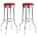 Pair of red retro upholstered metal swivel bar stools with footrests, featuring a vintage-inspired design and sturdy metal frames.