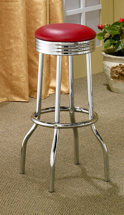 Pair of CoasterEveryday retro upholstered metal swivel bar stools in red with cushioned seats and metal frames.