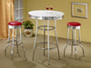Set of two red retro upholstered metal swivel bar stools with padded seats and backrests, ideal for kitchen or bar area.