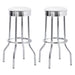 Pair of white retro upholstered metal swivel bar stools with wooden footrests, designed for modern kitchen or bar areas.