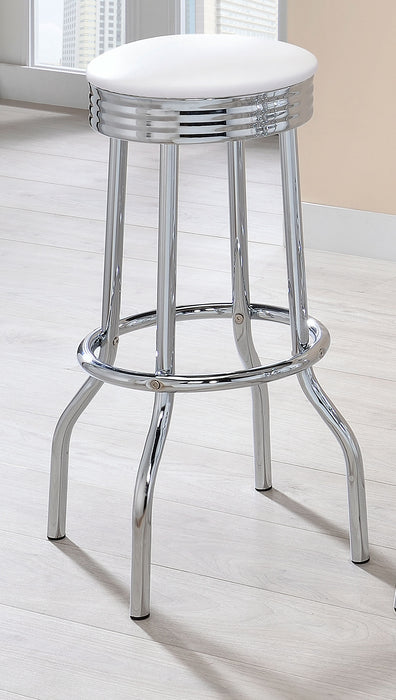 Set of two white retro upholstered metal swivel bar stools with padded seats and backrests, ideal for modern kitchen or bar area.