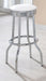 Set of two white retro upholstered metal swivel bar stools with padded seats and backrests, ideal for modern kitchen or bar area.