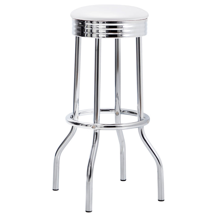 Set of two white retro upholstered metal swivel bar stools with padded seats and backrests, ideal for modern kitchen or bar areas.