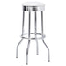 Set of two white retro upholstered metal swivel bar stools with padded seats and backrests, ideal for modern kitchen or bar areas.