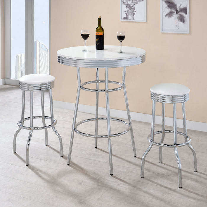 Set of two white retro upholstered metal swivel bar stools with cushioned seats and backrests, ideal for modern kitchen or bar area.