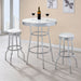 Set of two white retro upholstered metal swivel bar stools with cushioned seats and backrests, ideal for modern kitchen or bar area.