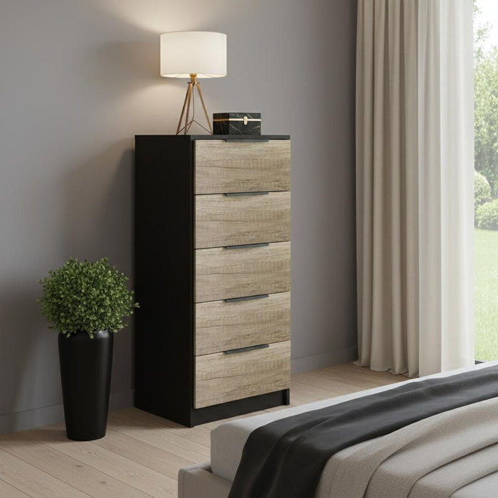 Manufactured Wood Five Drawer Chest - Black / Light Oak