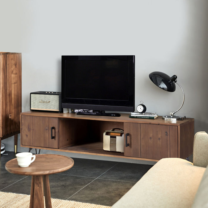 Giga industrial style reclaimed wood TV stand with storage cabinet for living room media setup, featuring natural wood finish.