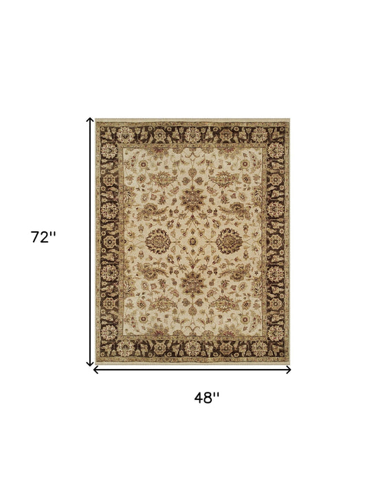 4' x 6' Wool Oriental Hand Knotted Area Rug - Ivory Brown And Gold