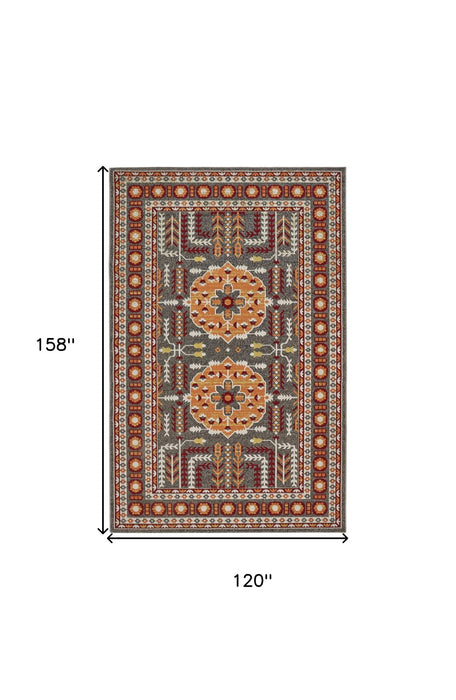10' x 13' Oriental Power Loom Area Rug - Red Gray And Orange