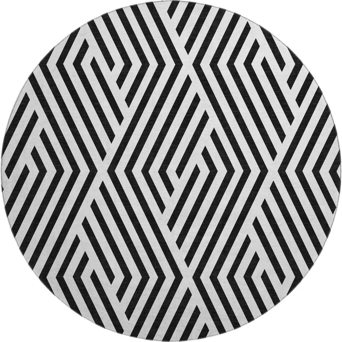 8' Geometric Washable Round Rug With UV Protection (648517) - Black / Ivory