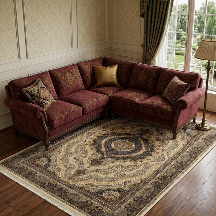 8' X 11' Medallion Area Rug With Fringe (574487) - Ivory / Black / Tan