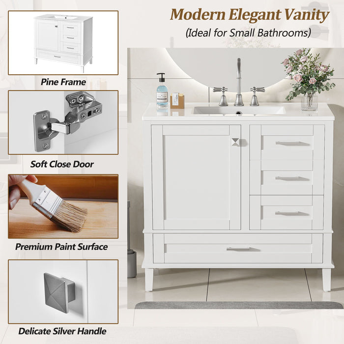 Modern Giga bathroom vanity with sink, solid wood frame, soft closing door, and three drawers for stylish bathroom storage.